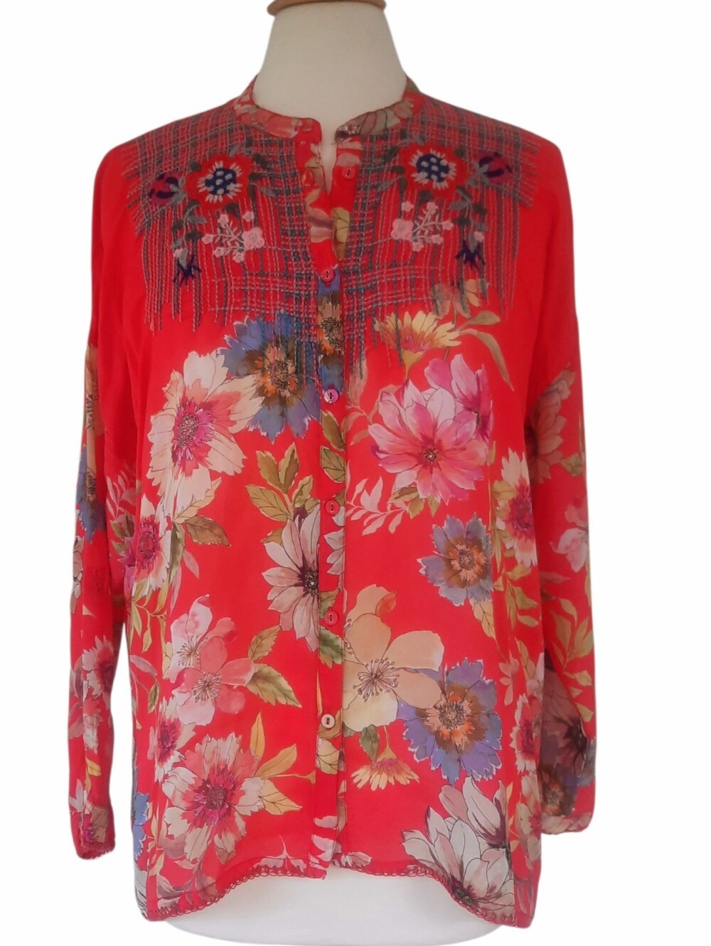 JOHNNY WAS Coral Floral Button-Front Long Sleeve Blouse w/ Embroidered Yoke XS